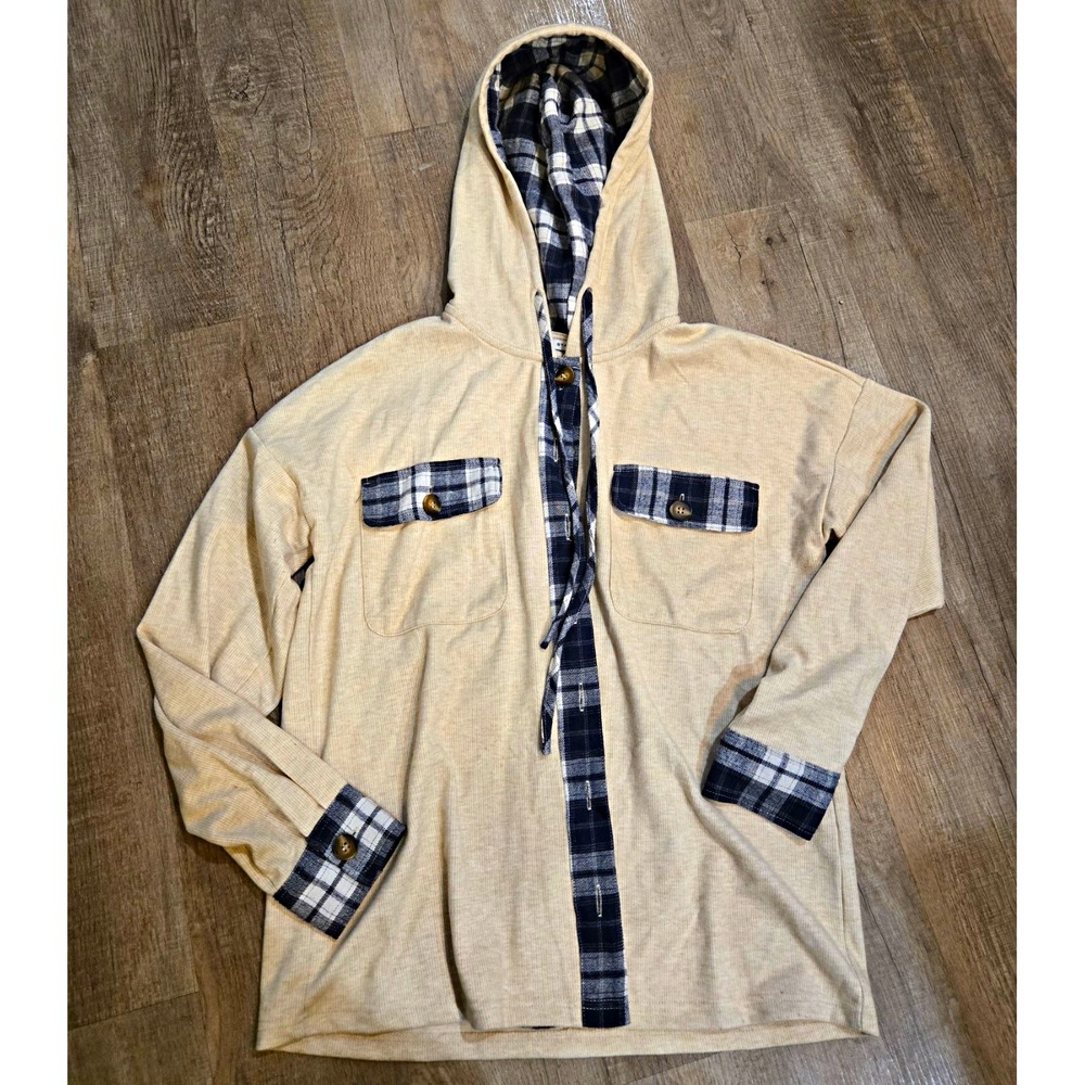 Staccato Women's button down Hoodie Beige Plaid Lined Button Hood Size L
